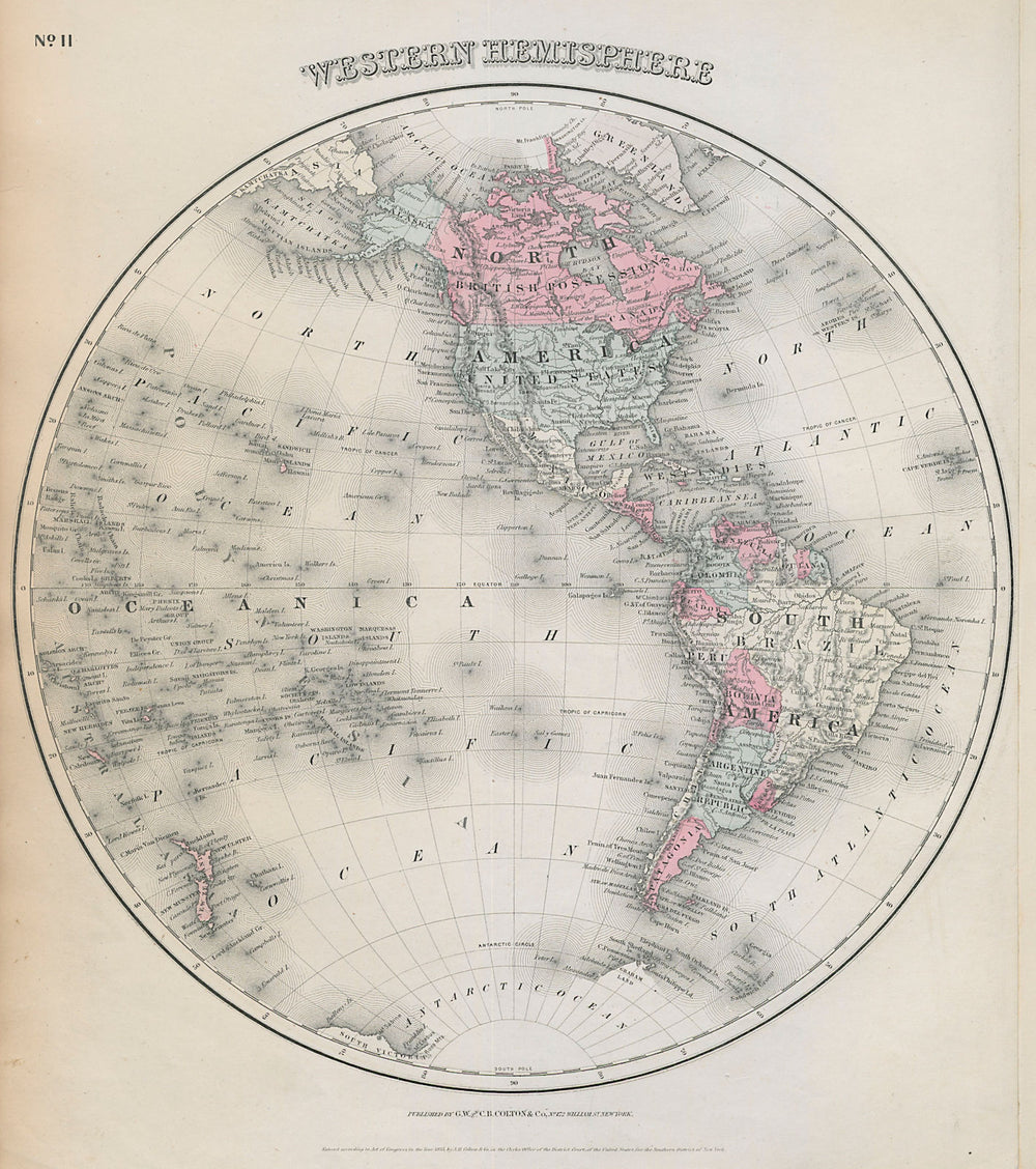 Western Hemisphere. Americas & Pacific. Decorative antique map. COLTON 1869