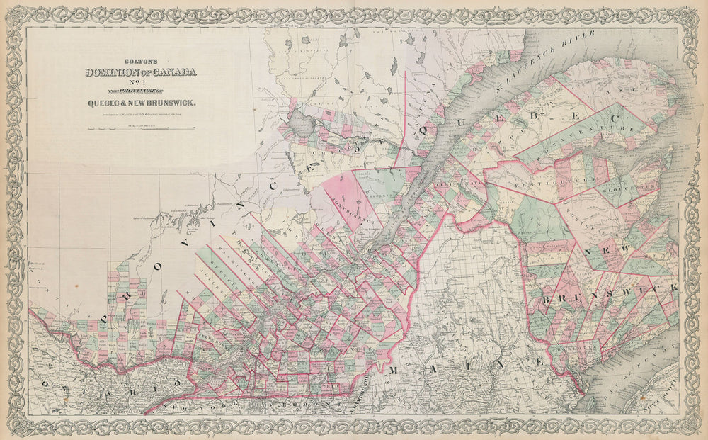Colton's Dominion of Canada No. 1 Quebec & New Brunswick. St Lawrence 1869 map