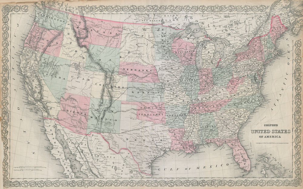 Colton's United States of America. Dakota & Wyoming merged. Railroads 1869 map