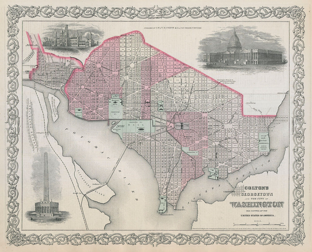 Georgetown and the City of Washington. Washington DC town plan. COLTON 1869 map