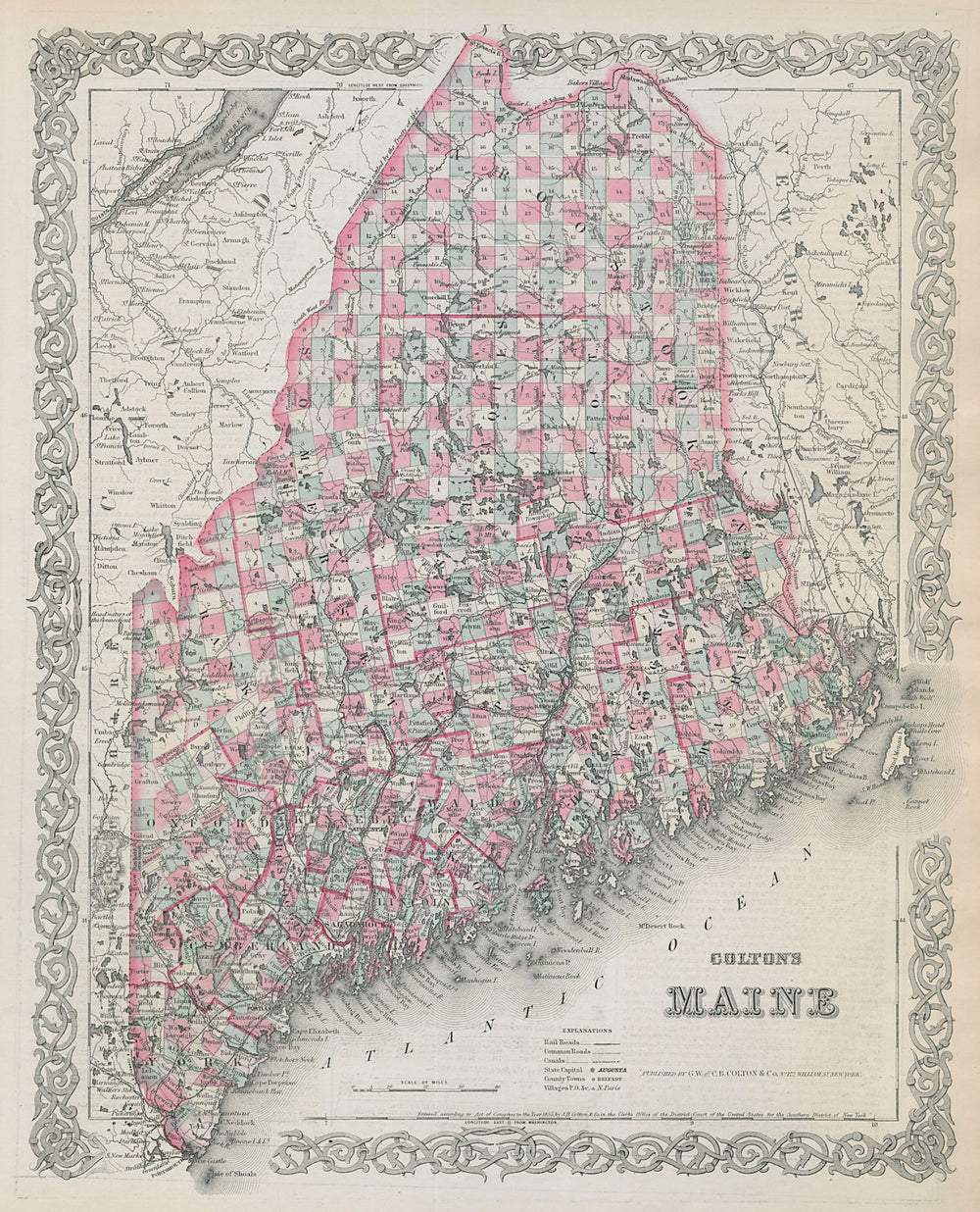 Colton's Maine. Decorative antique US state map 1869 old chart
