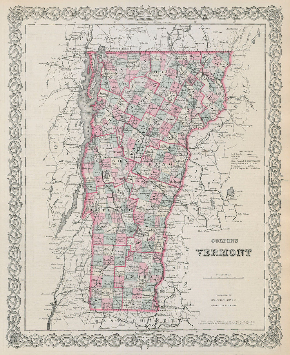 Colton's Vermont. Decorative antique US state map 1869 old chart