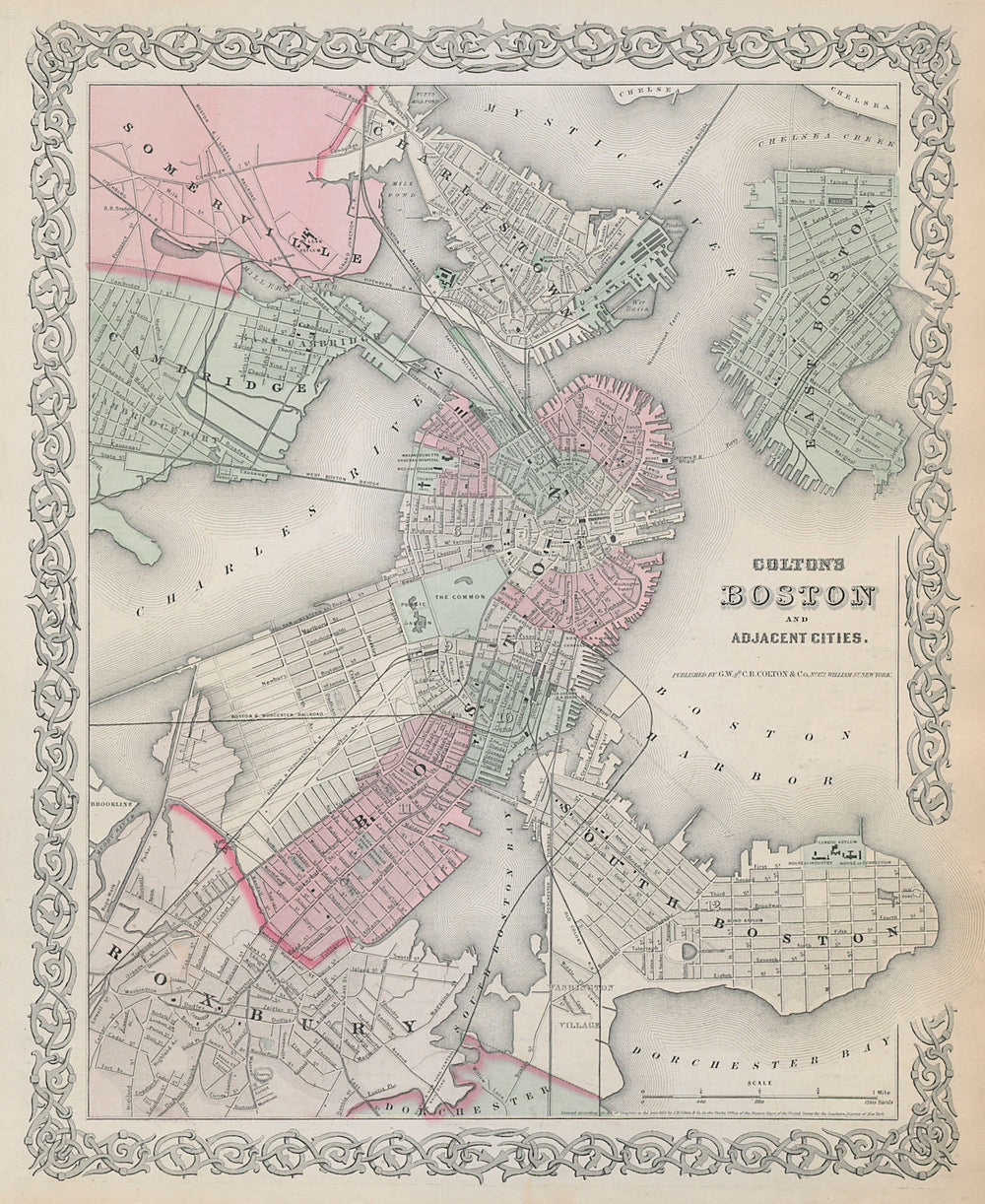 Boston and adjacent cities. Decorative antique town city plan. COLTON 1869 map