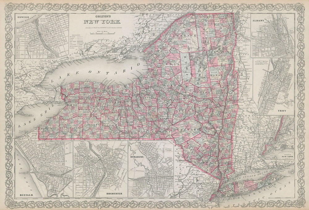 Colton's New York state Oswego Buffalo Rochester Syracuse Troy Albany 1869 map
