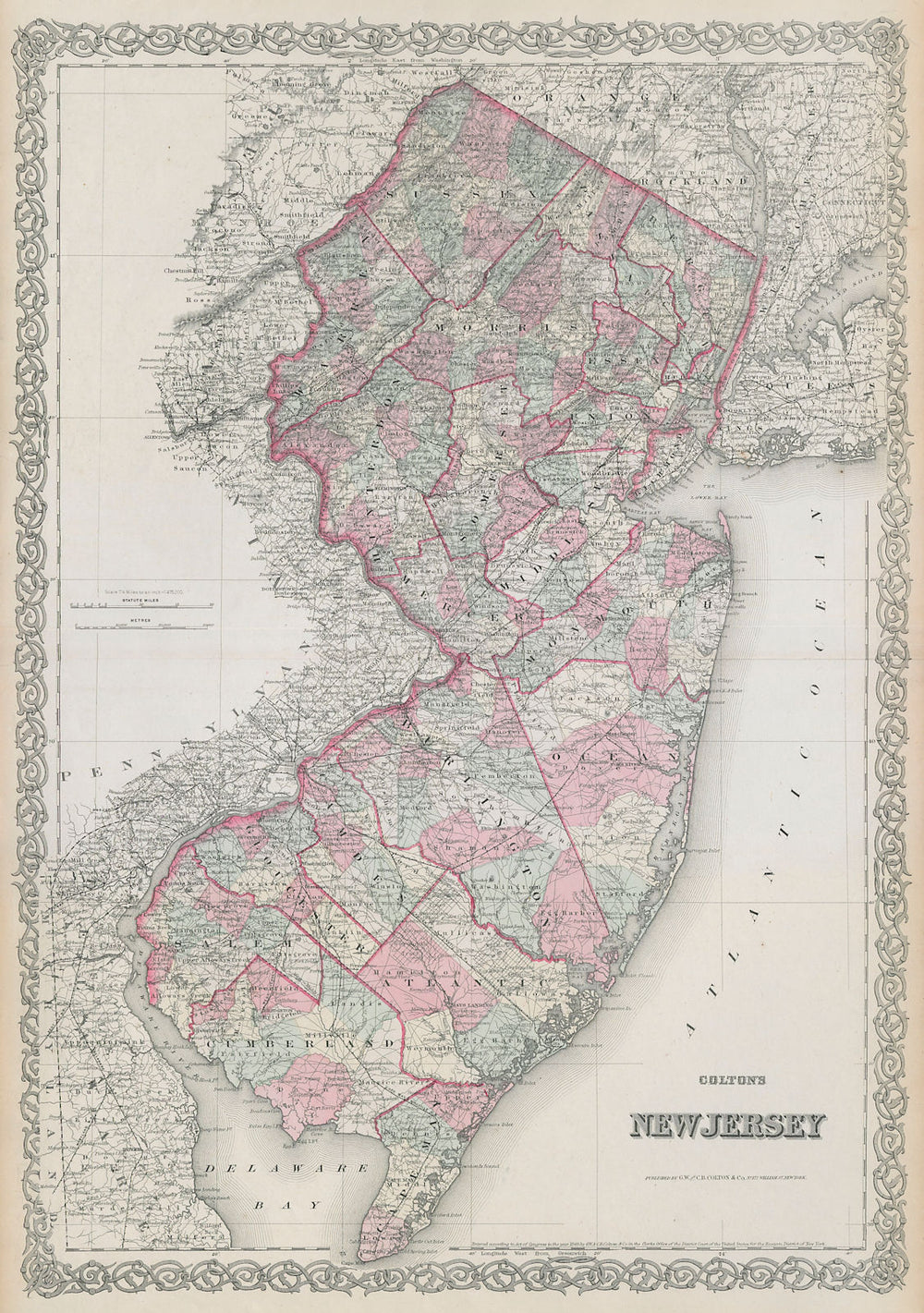 Colton's New Jersey. Decorative antique US state map 1869 old