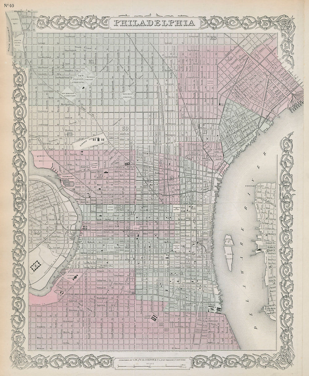 Philadelphia decorative antique town city plan. COLTON 1869 old map