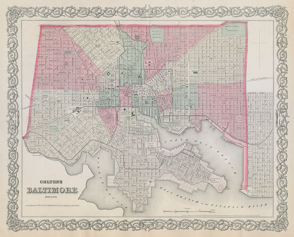 Colton's City of Baltimore, Maryland. Decorative antique town plan 1869 map