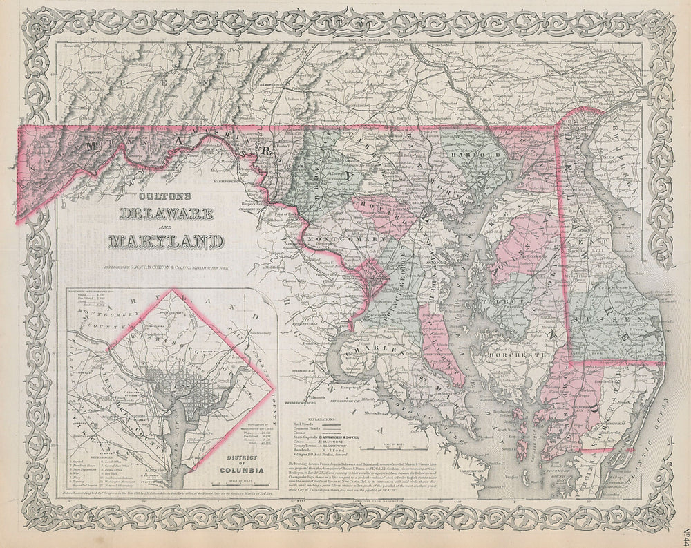 Colton's Delaware and Maryland. District of Columbia. US state map 1869