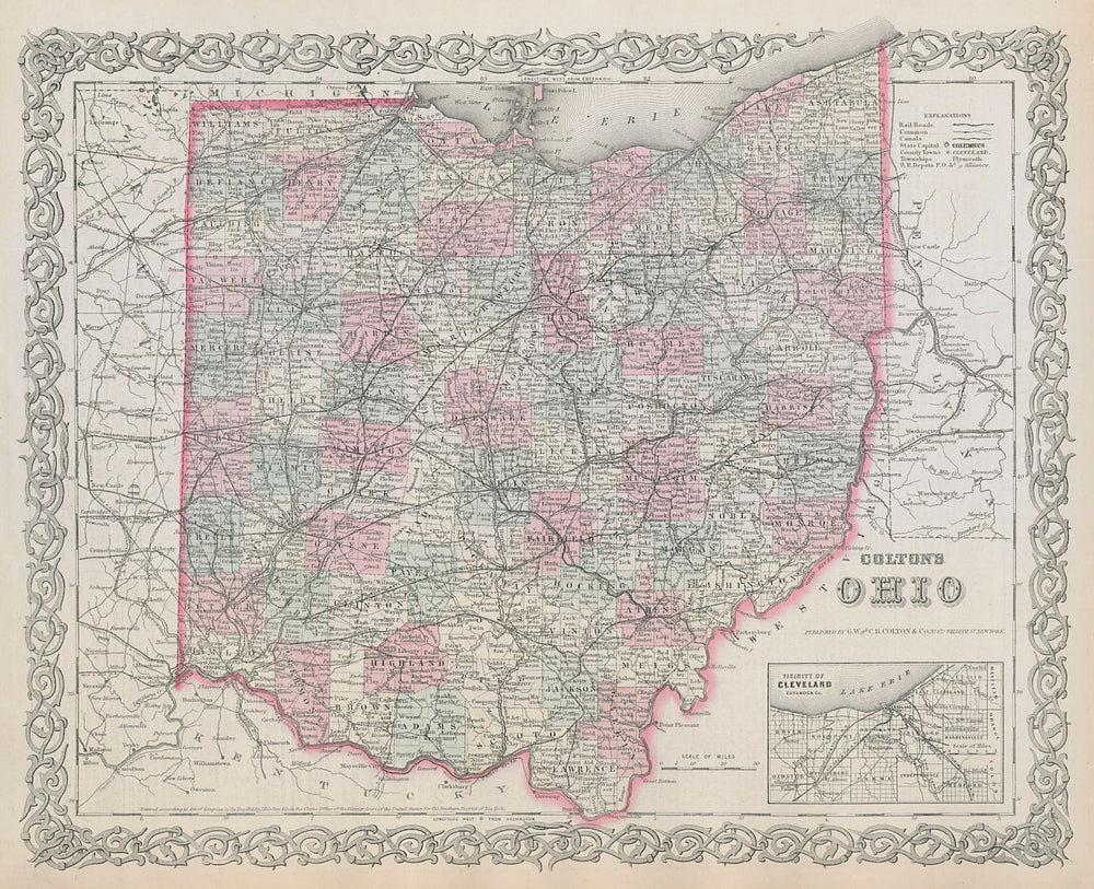 Colton's Ohio. Decorative antique US state map. Cleveland 1869 old