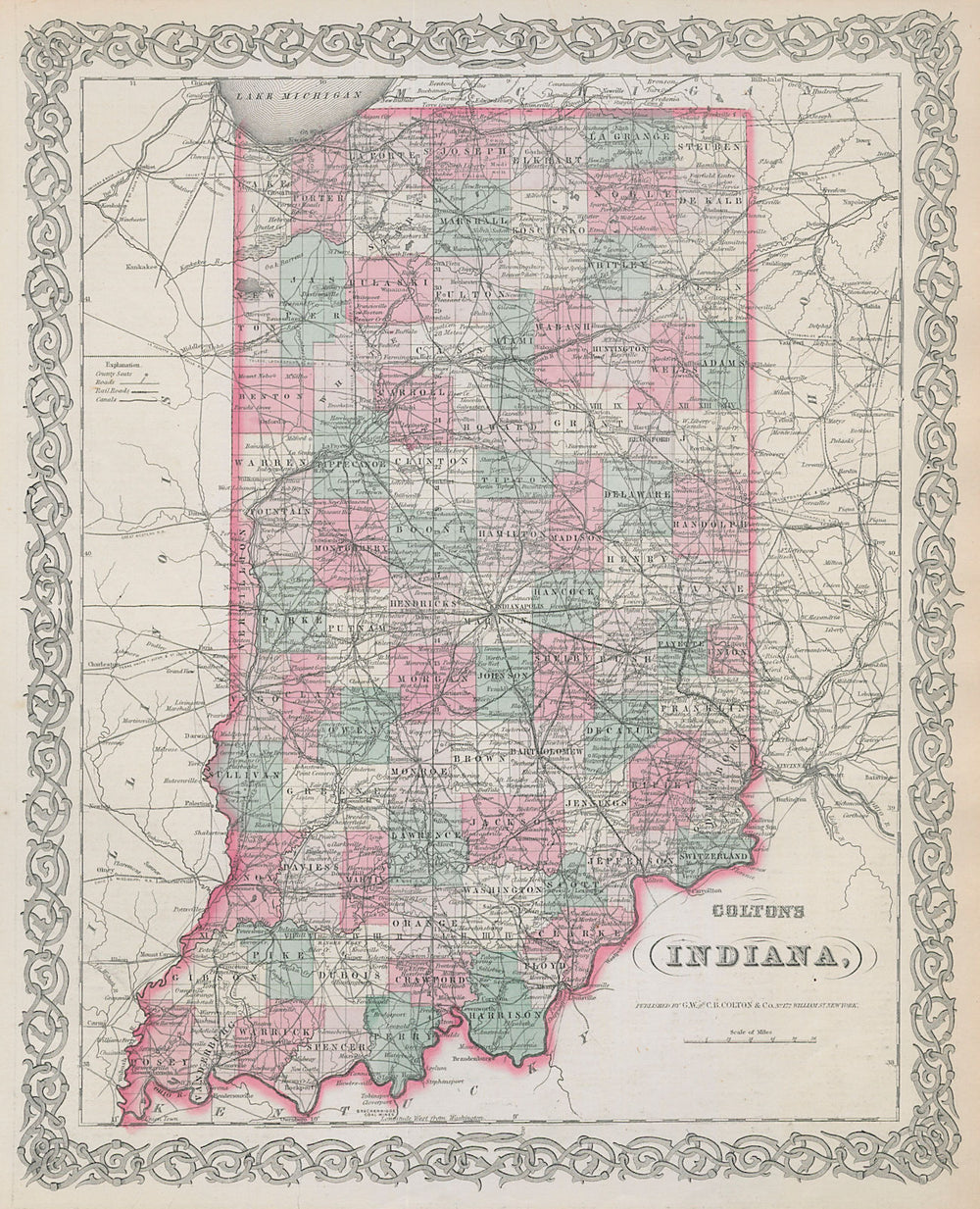 Colton's Indiana. Decorative antique US state map 1869 old chart