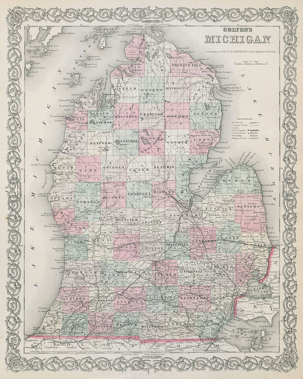 Colton's Michigan. Decorative antique US state map 1869 old chart
