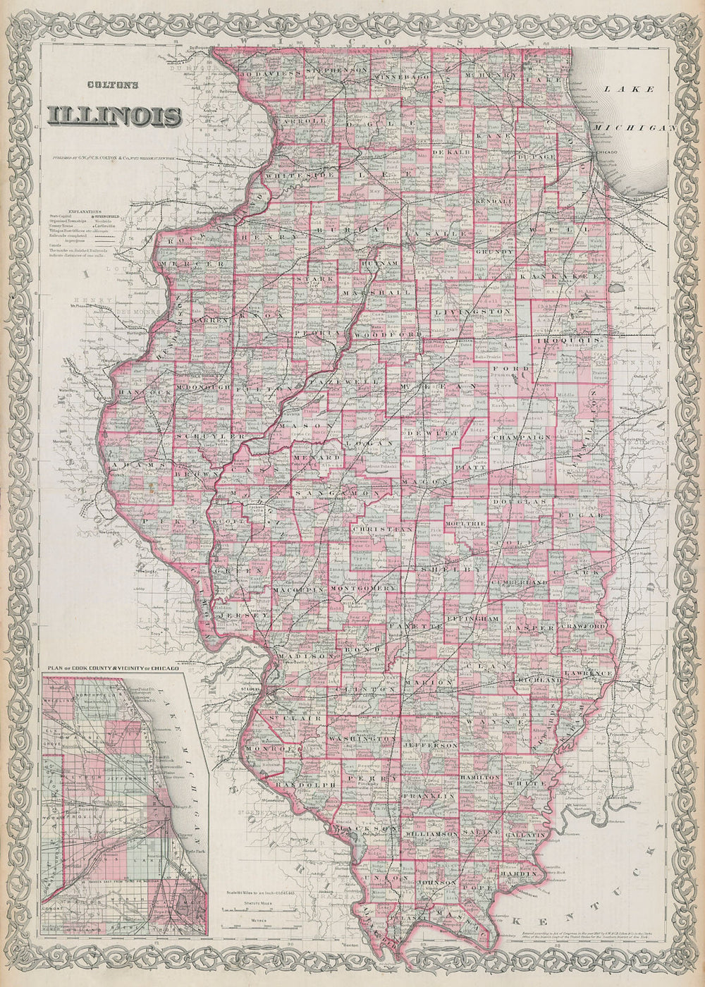 Colton's Illinois. Decorative antique US state map 1869 old chart