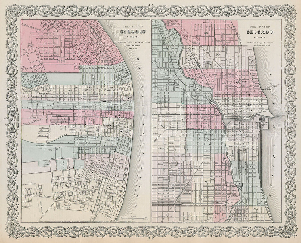 St Louis, Missouri & Chicago, Illinois antique town city plans. COLTON 1869 map