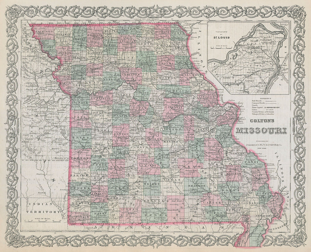 Colton's Missouri. Decorative antique US state map 1869 old chart