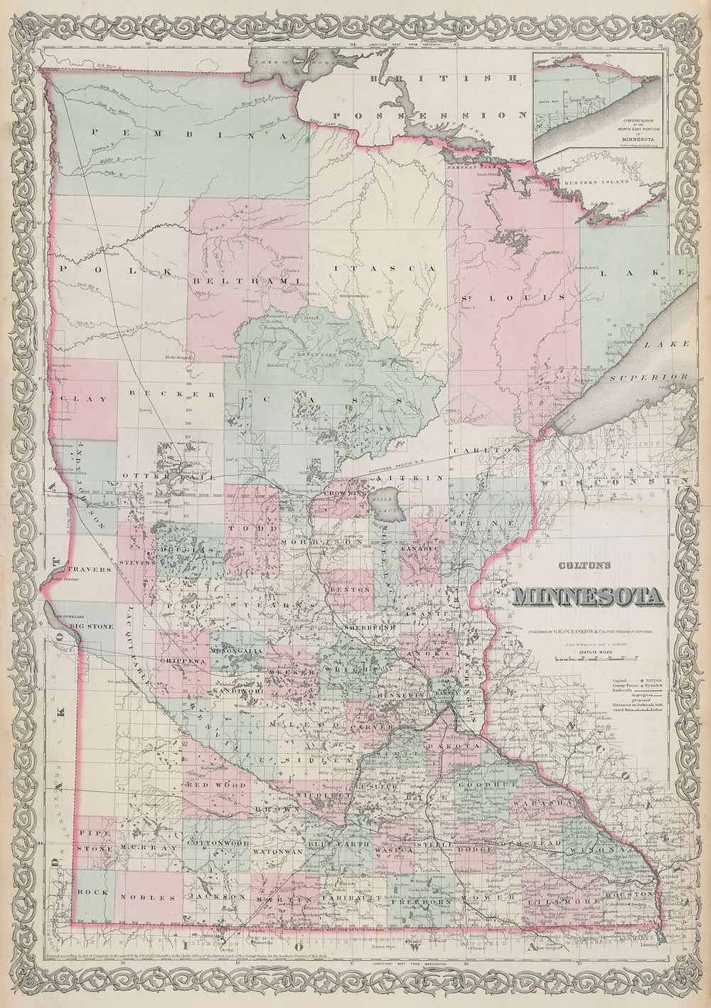 Colton's Minnesota. Decorative antique US state map 1869 old chart