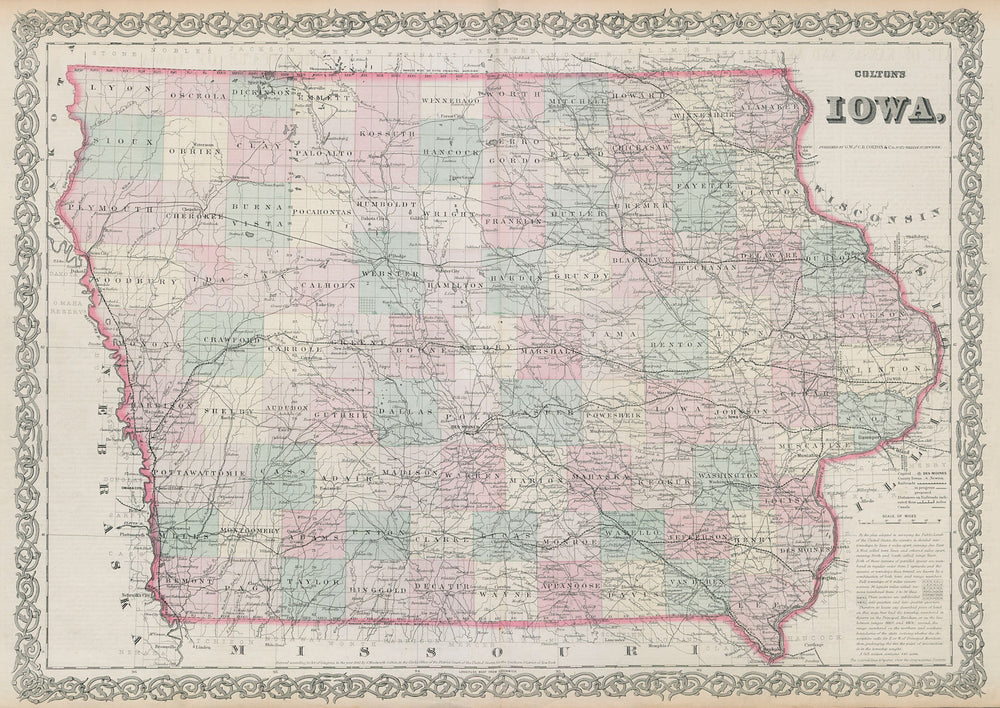 Colton's Iowa. Decorative antique US state map 1869 old plan chart