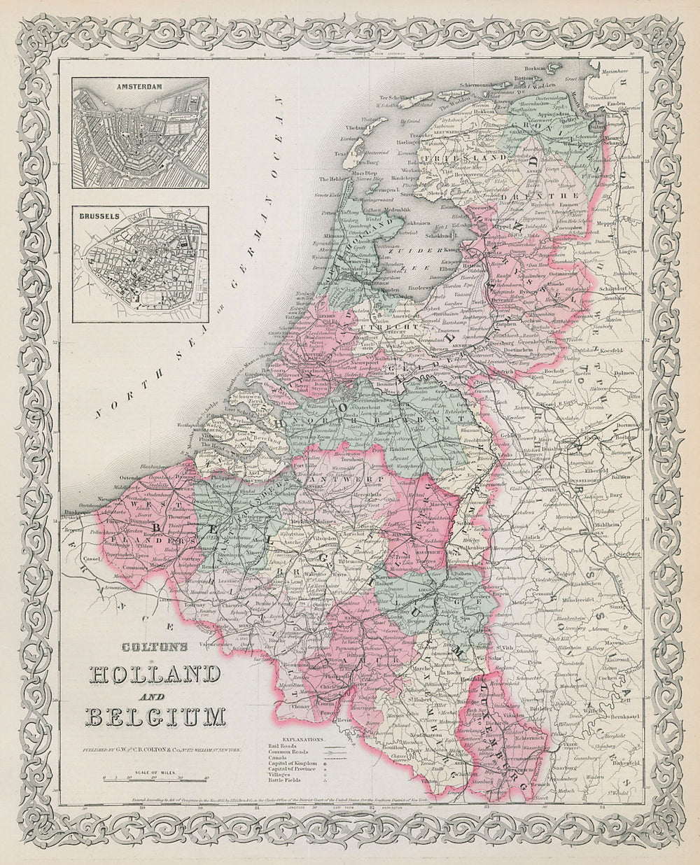 Colton's Holland and Belgium. Amsterdam & Brussels plans. Benelux 1869 old map