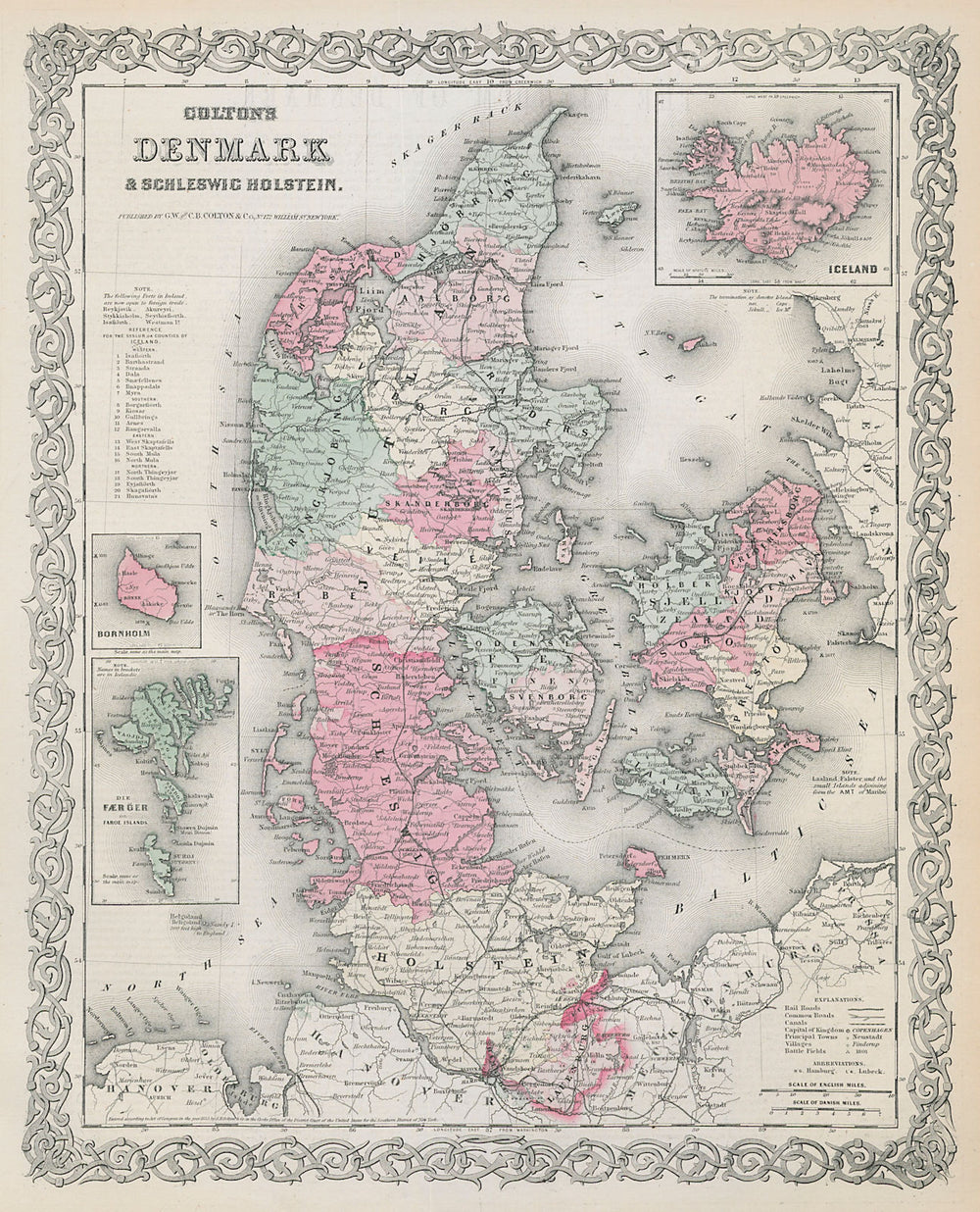 Colton's Denmark. Iceland Faroe Islands Bornholm. Schleswig-Holstein 1869 map