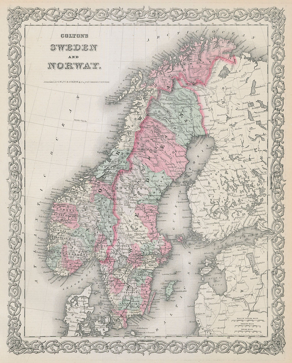 Colton's Sweden and Norway. Decorative antique map. Scandinavia 1869 old