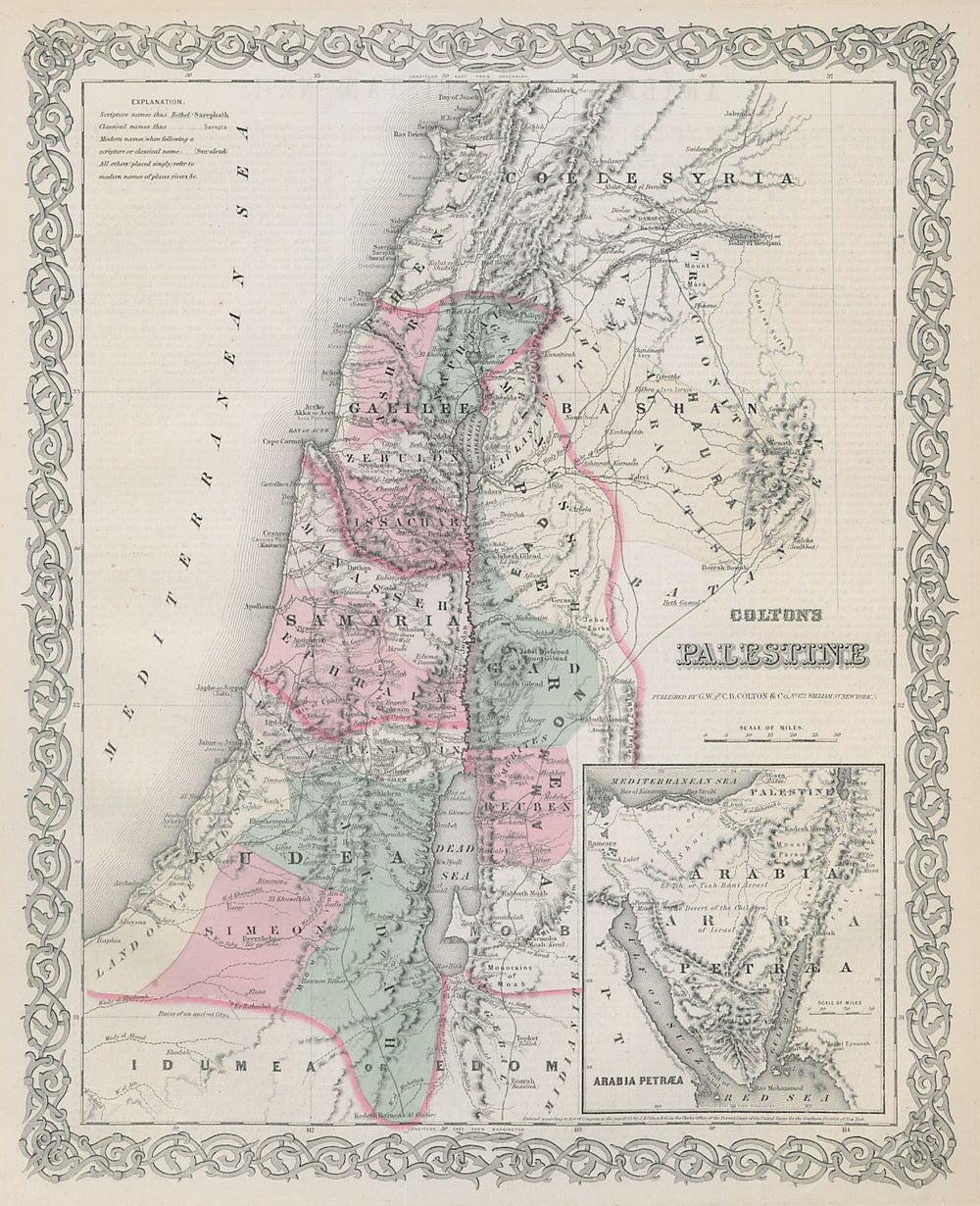 Colton's Palestine. Israel. Biblical classical & modern names. Sinai 1869 map