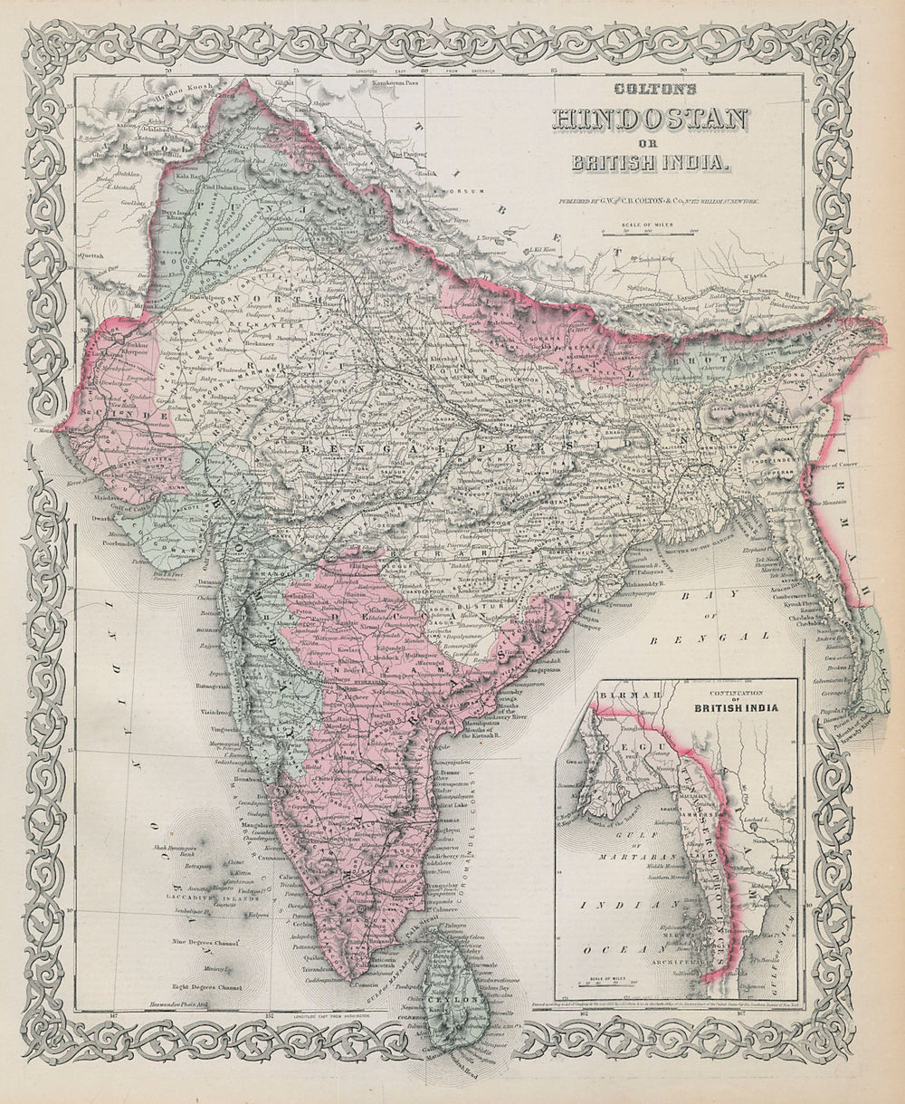 Colton's Hindostan or British India. Nepal Burma Bhutan Ceylon 1869 old map