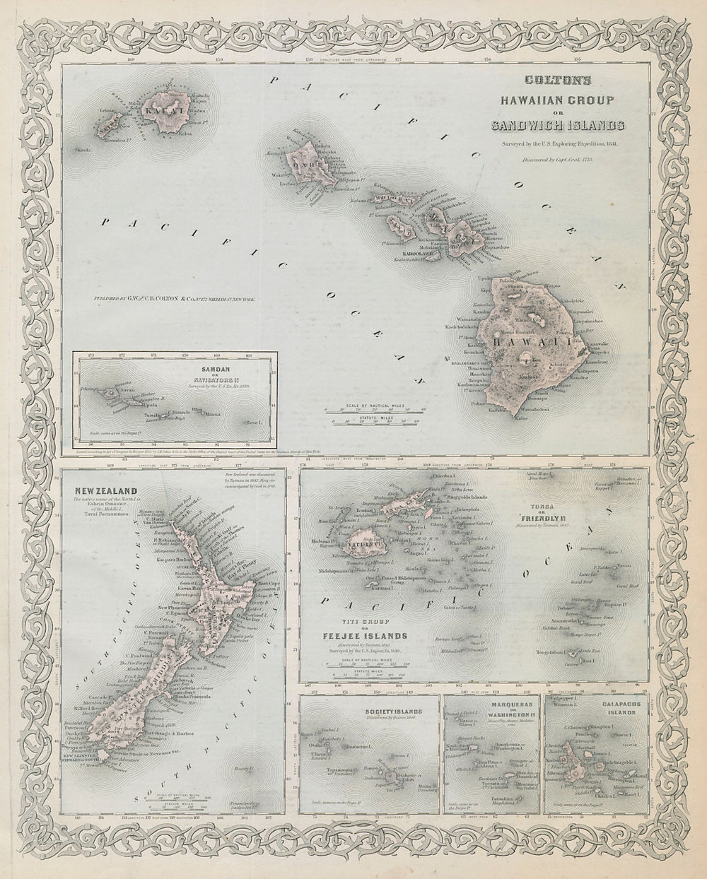 Pacific Islands. Hawaii New Zealand Fiji Tonga Polynesia Samoa. COLTON 1869 map