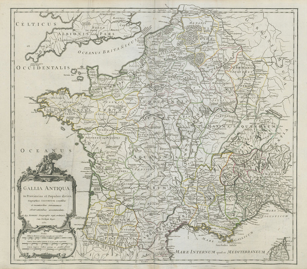 "Gallia Antiqua in provincias…" Ancient Gaul. France. VAUGONDY 1750 old map