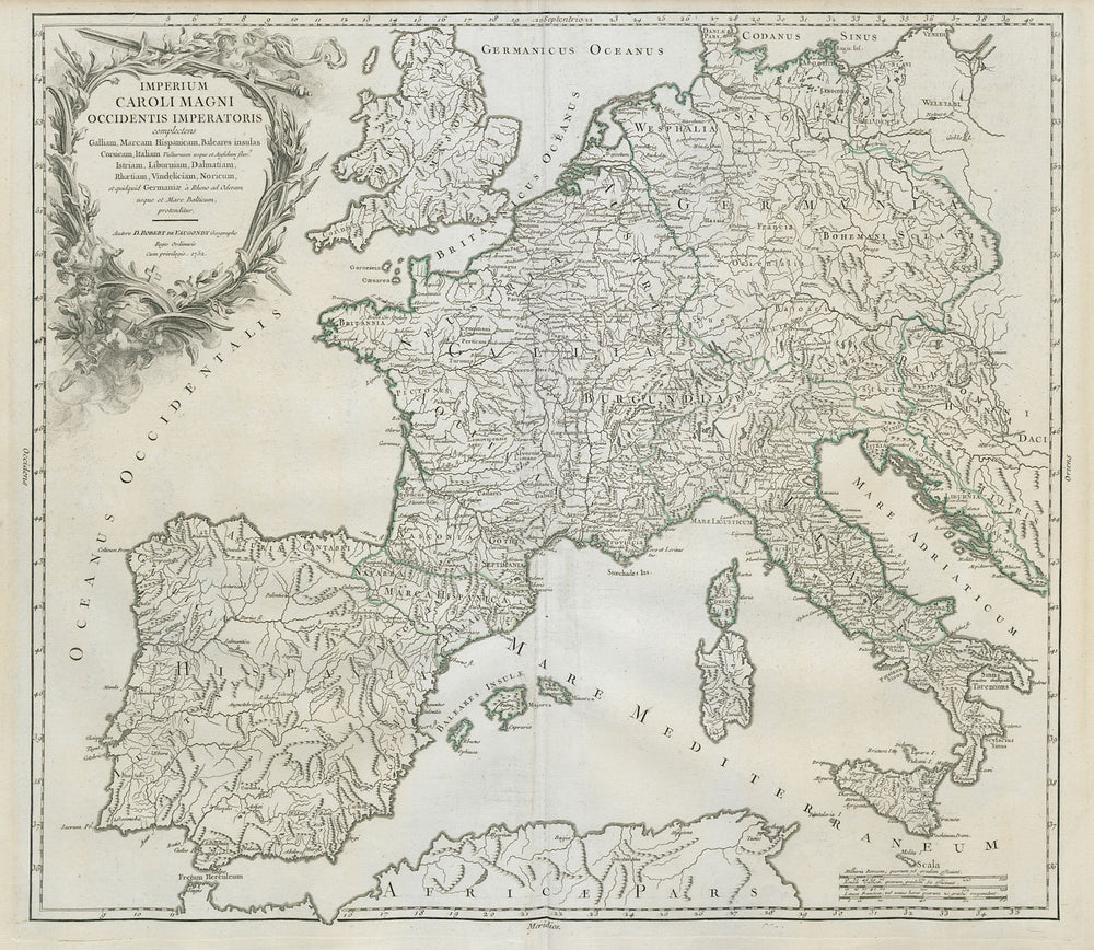 "Imperium Caroli Magni…" Empire of Charlemagne. Western Europe VAUGONDY 1752 map