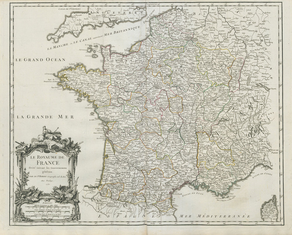 Le Royaume de France divisé suivant les Gouvernemens généraux. VAUGONDY 1750 map