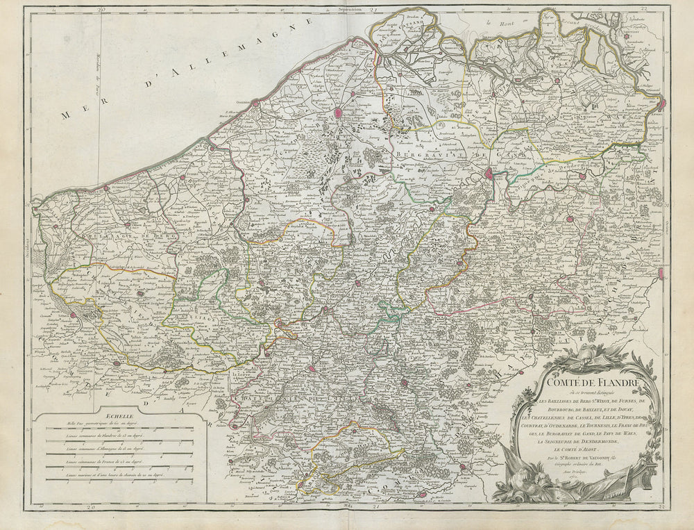 "Comté de Flandre". Flanders in Belgium & France. Nord. VAUGONDY 1752 old map