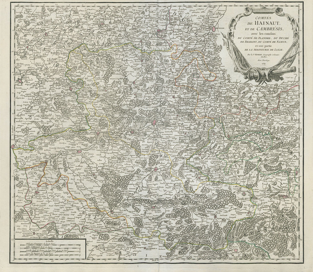 "Comtés de Hainaut, et de Cambrésis". Belgium/France. Cambrai. VAUGONDY 1754 map