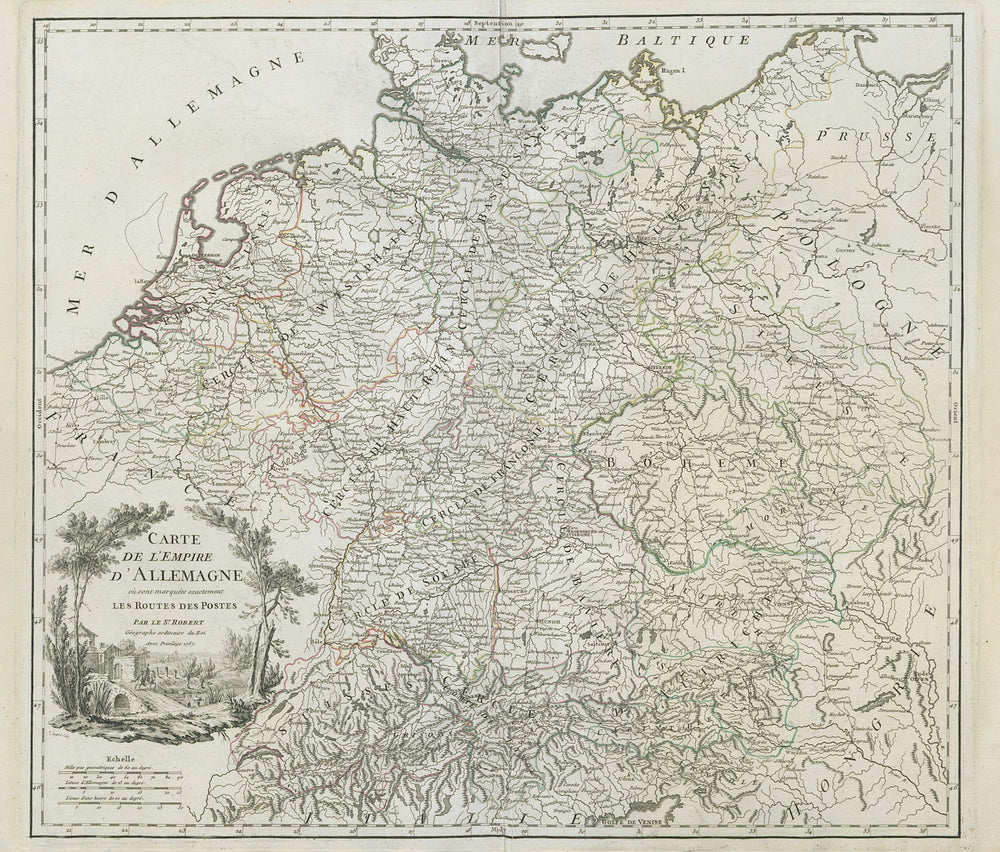 "Carte de l'Empire d'Allemagne… les routes des postes" Germany VAUGONDY 1757 map