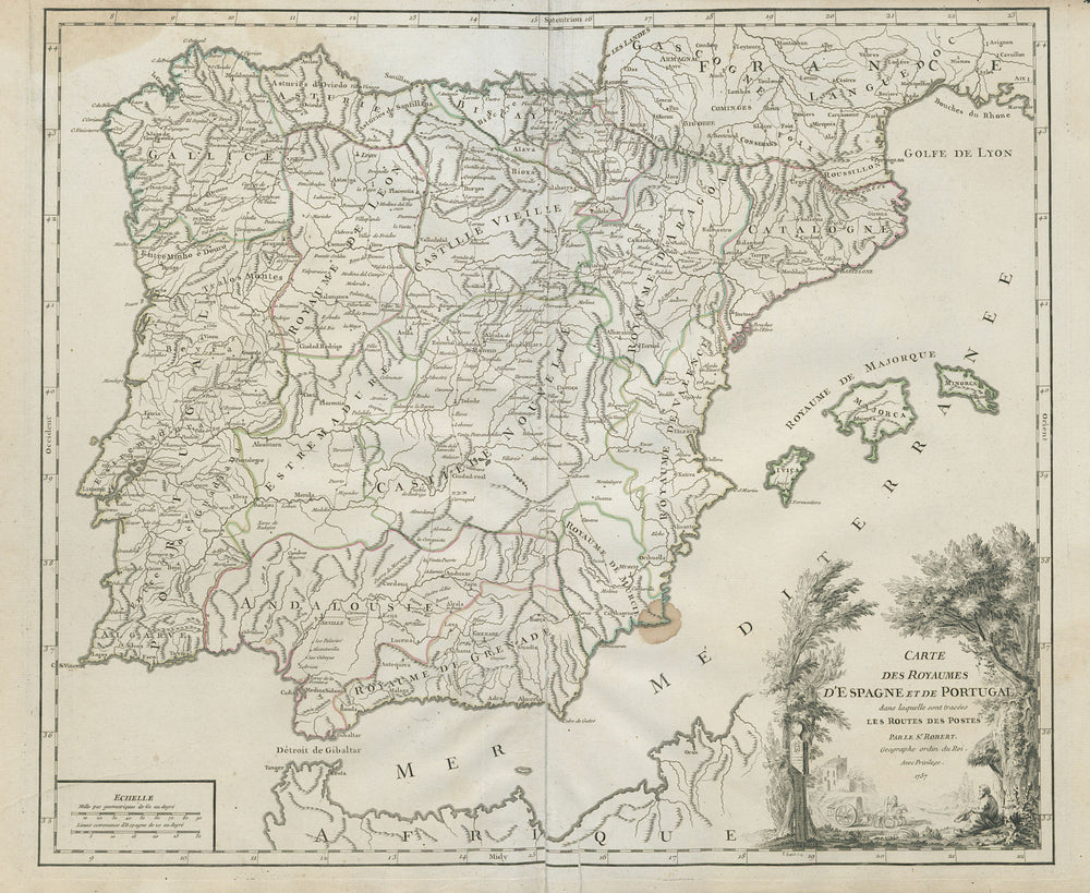 "Royaumes d'Espagne et de Portugal… routes des postes" Iberia VAUGONDY 1757 map