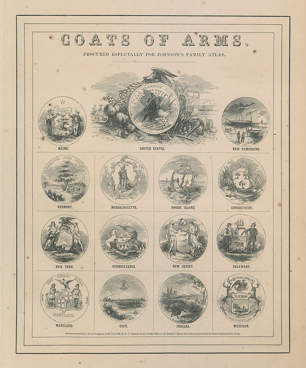 US States Coats of Arms. ME NH VT MA RI CT NY PA NJ DE MD OH IN MI 1865 print