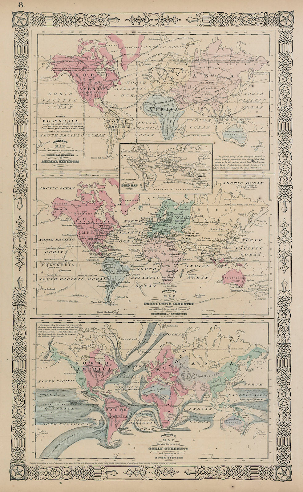 World. Animals Birds Industries Ocean Currents Watersheds. JOHNSON 1865 map