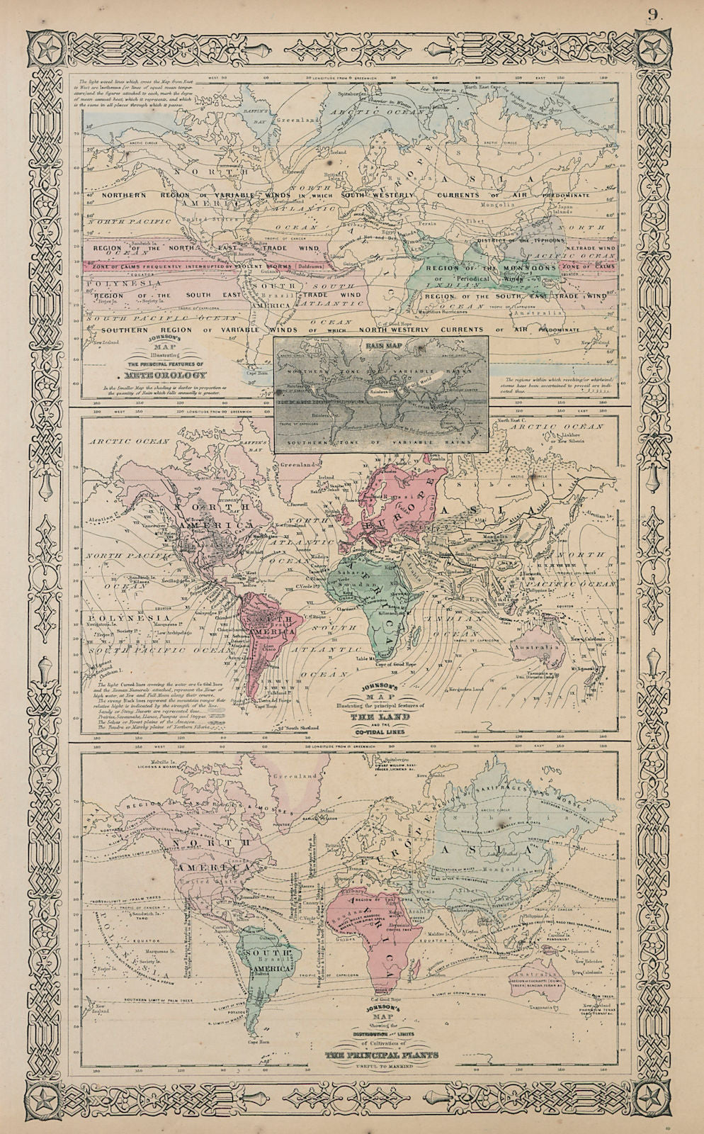World Meteorology. Land features. Co-tidal Lines. Agriculture. JOHNSON 1865 map