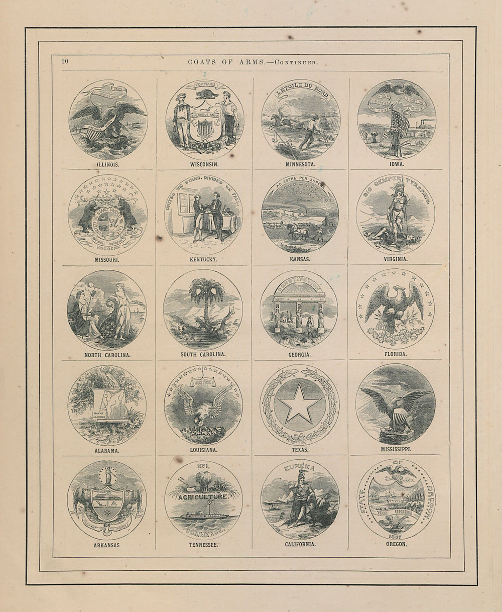 US States Arms. IL WI MN IA MO KY KS VA NC SC GA FL AL LA TX MS AR TN CA OR 1865