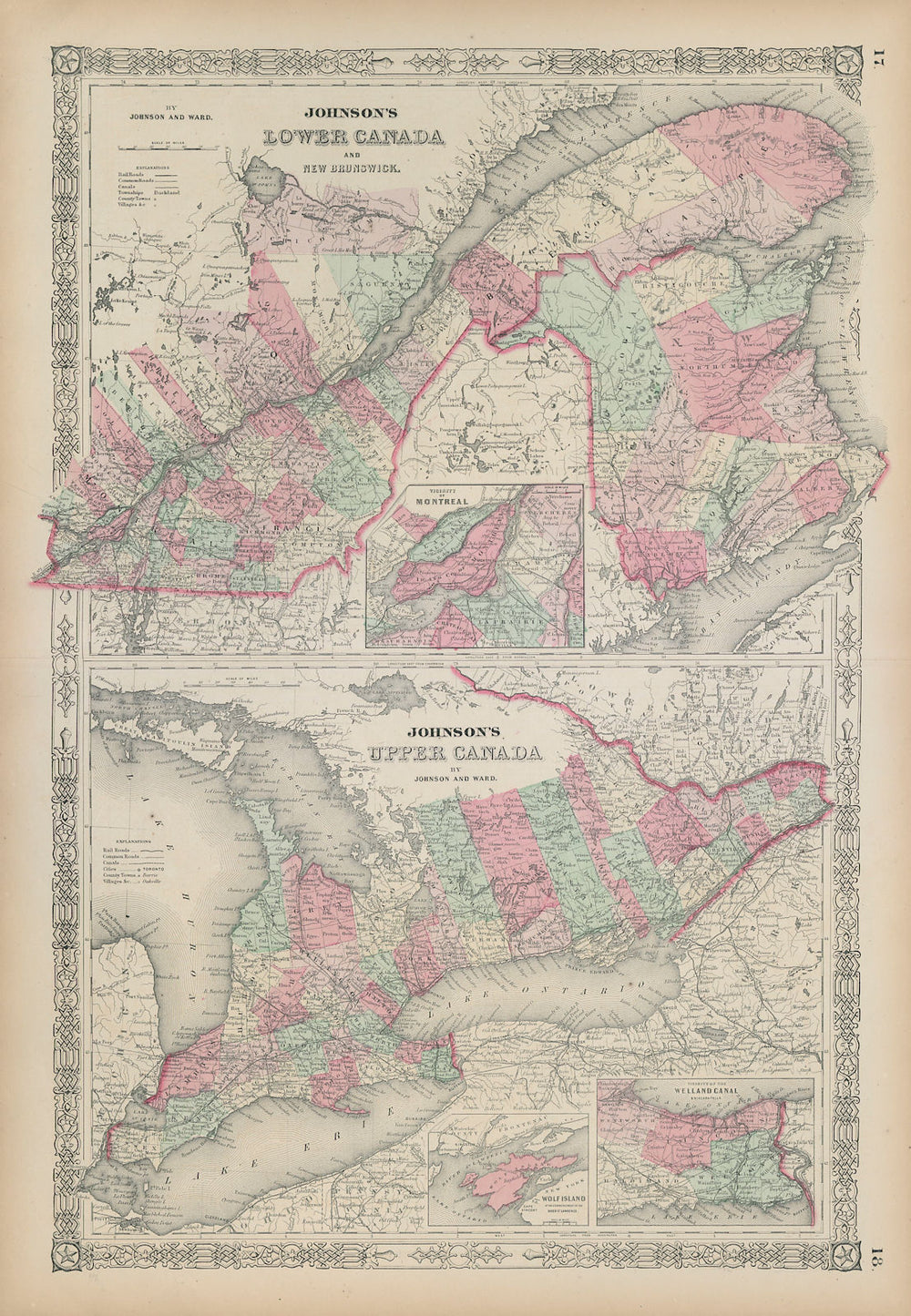 Johnson's Lower Canada & New Brunswick. Upper Canada. Great Lakes 1865 old map