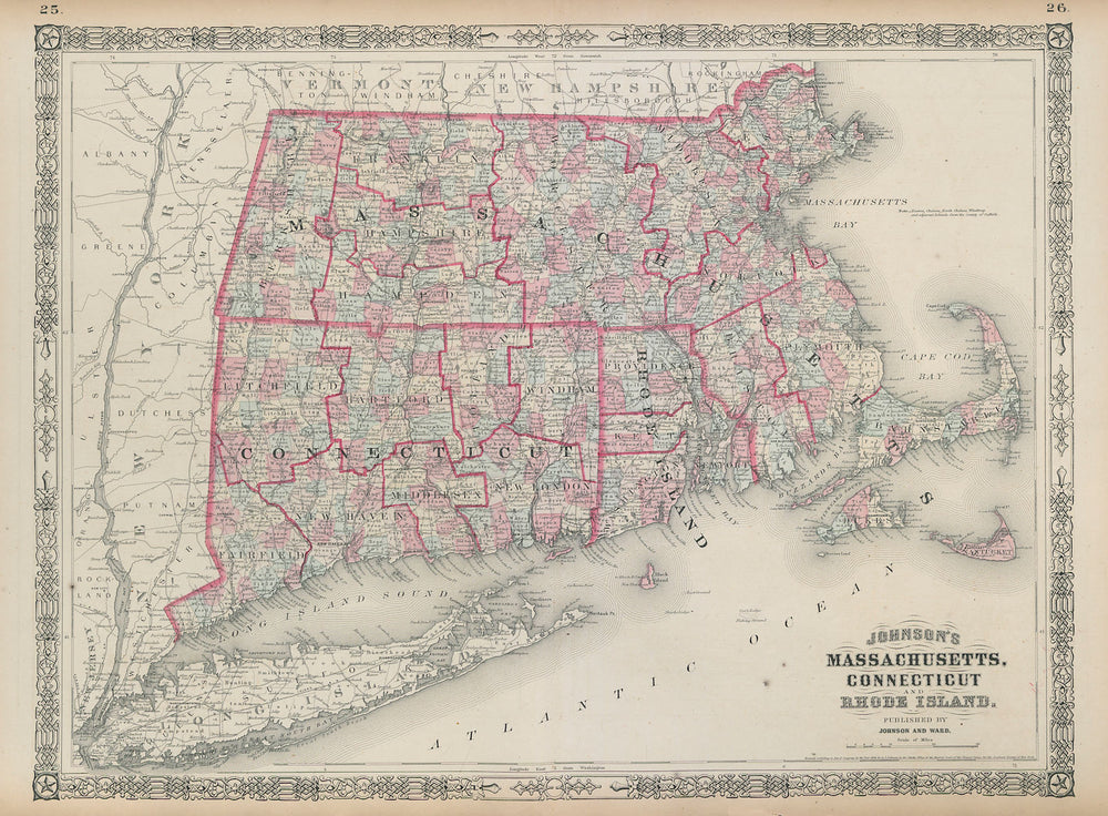Johnson's Massachusetts, Connecticut & Rhode Island 1865 old antique map chart