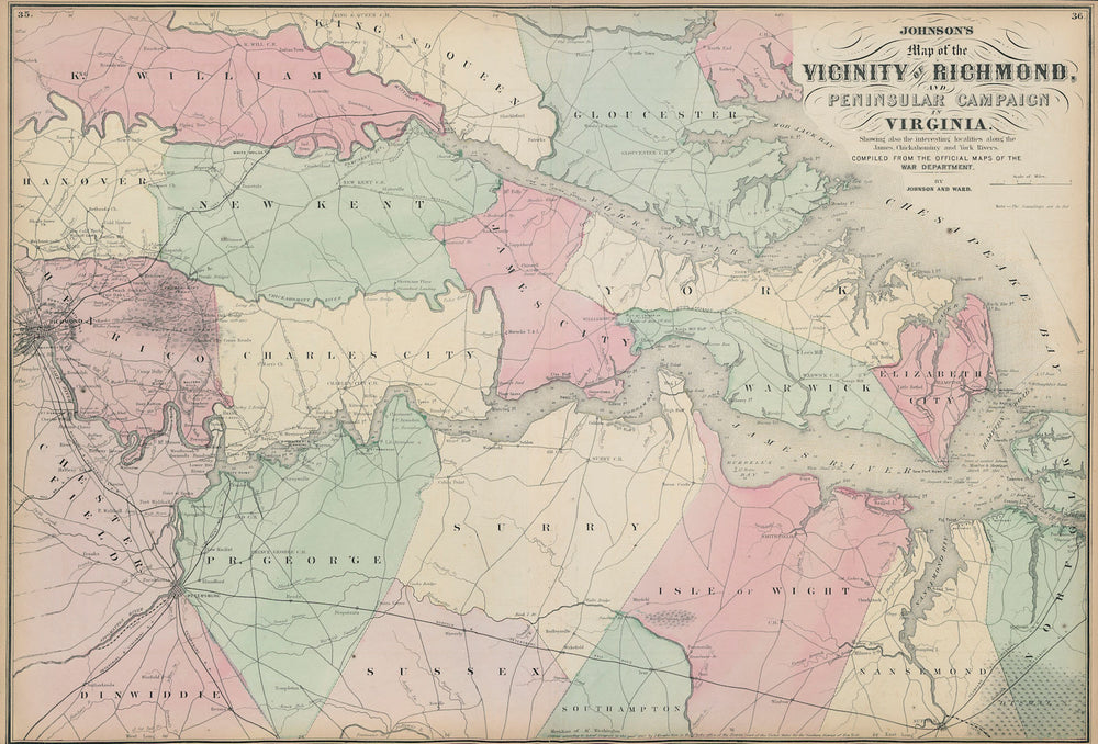 Vicinity of Richmond & Peninsular Campaign in Virginia. JOHNSON 1865 old map