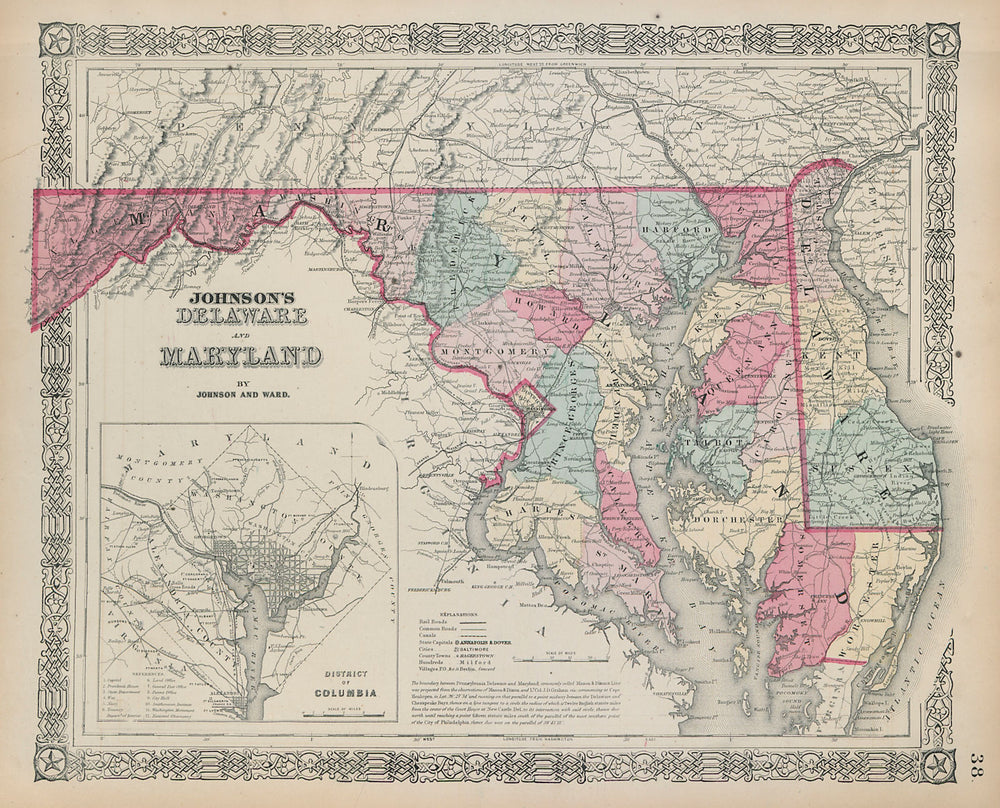 Johnson's Delaware, Maryland & District of Columbia. Counties 1865 old map