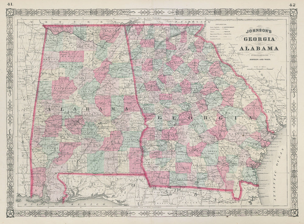 Johnson's Georgia & Alabama. US state map showing counties 1865 old