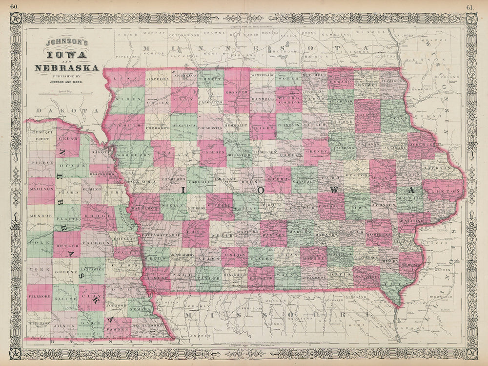 Johnson's Iowa & Nebraska. US state map showing counties 1865 old antique
