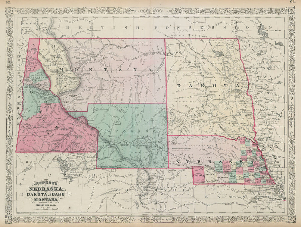 Johnson's Nebraska, Dakota, Idaho and Montana 1865 old antique map plan chart