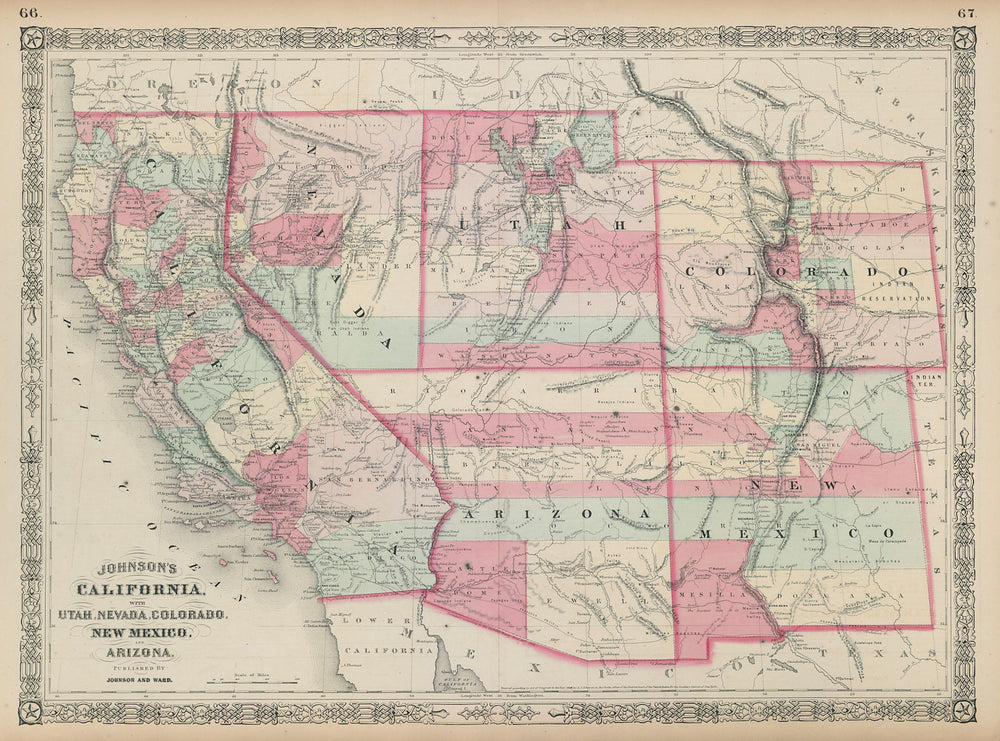 Johnson's California with Utah, Nevada, Colorado, New Mexico & Arizona 1865 map