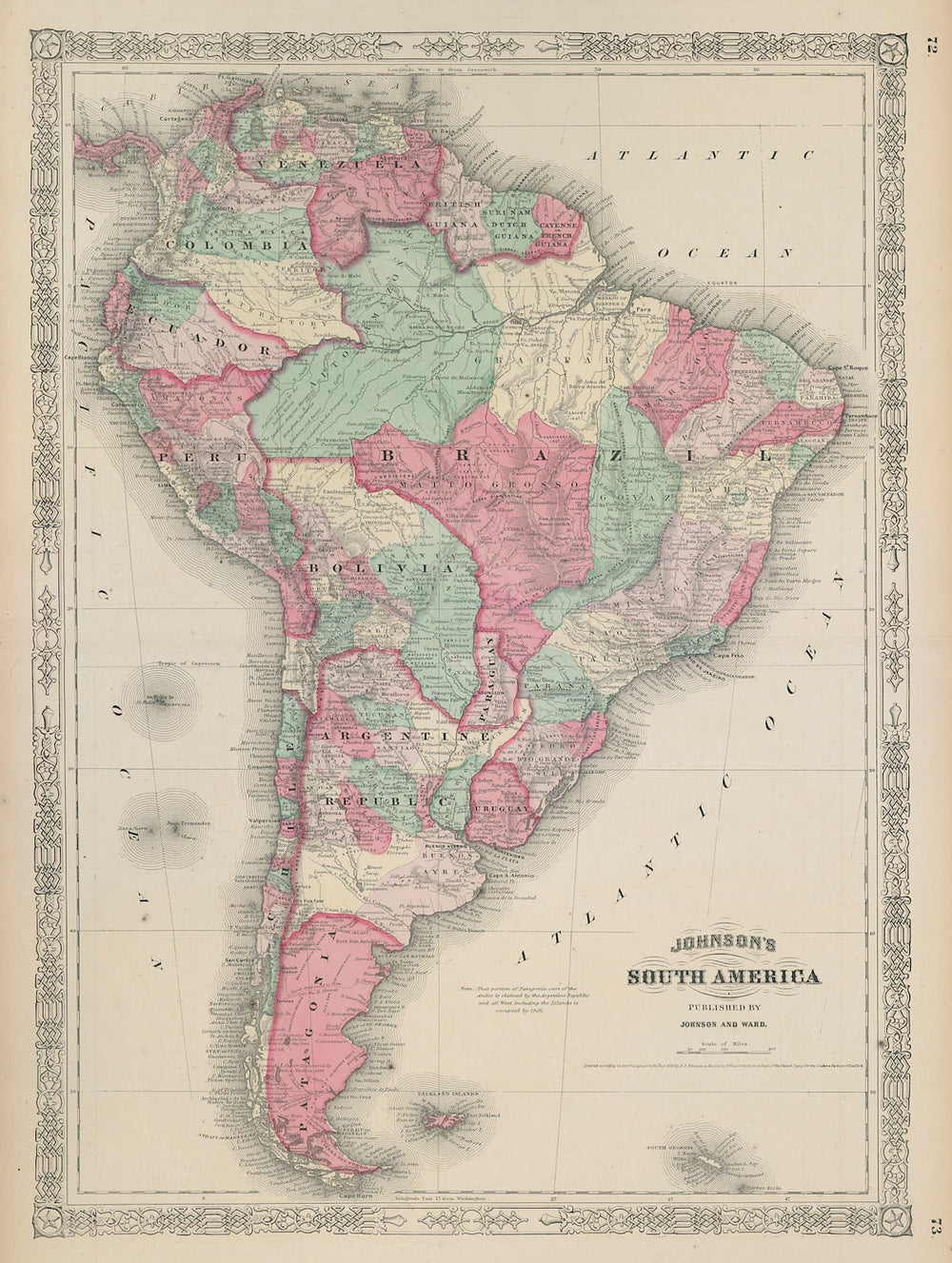 Johnson's South America. Bolivia with Littoral. Patagonia 1865 old antique map