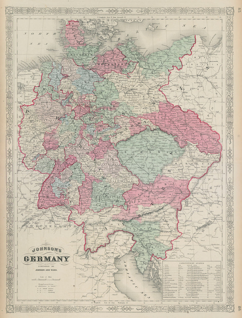 Johnson's Germany. Prussia Austria Bohemia Moravia Czech Republic Tyrol 1865 map