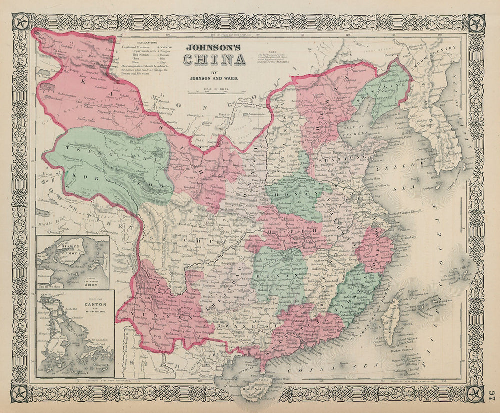 Johnson's China. Amoy Xiamen Harbor. Canton Hong Kong 1865 old antique map