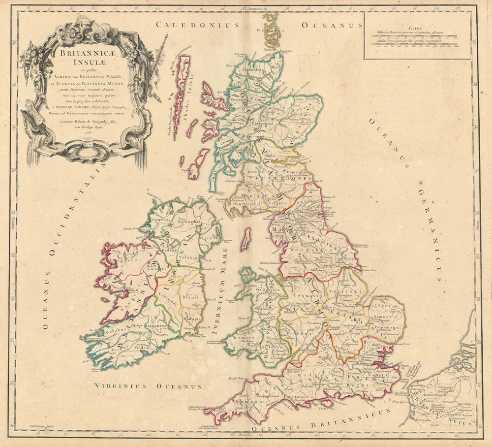 "Britannicae, Insulae in quibus Albion…" British Isles. VAUGONDY 1750 old map