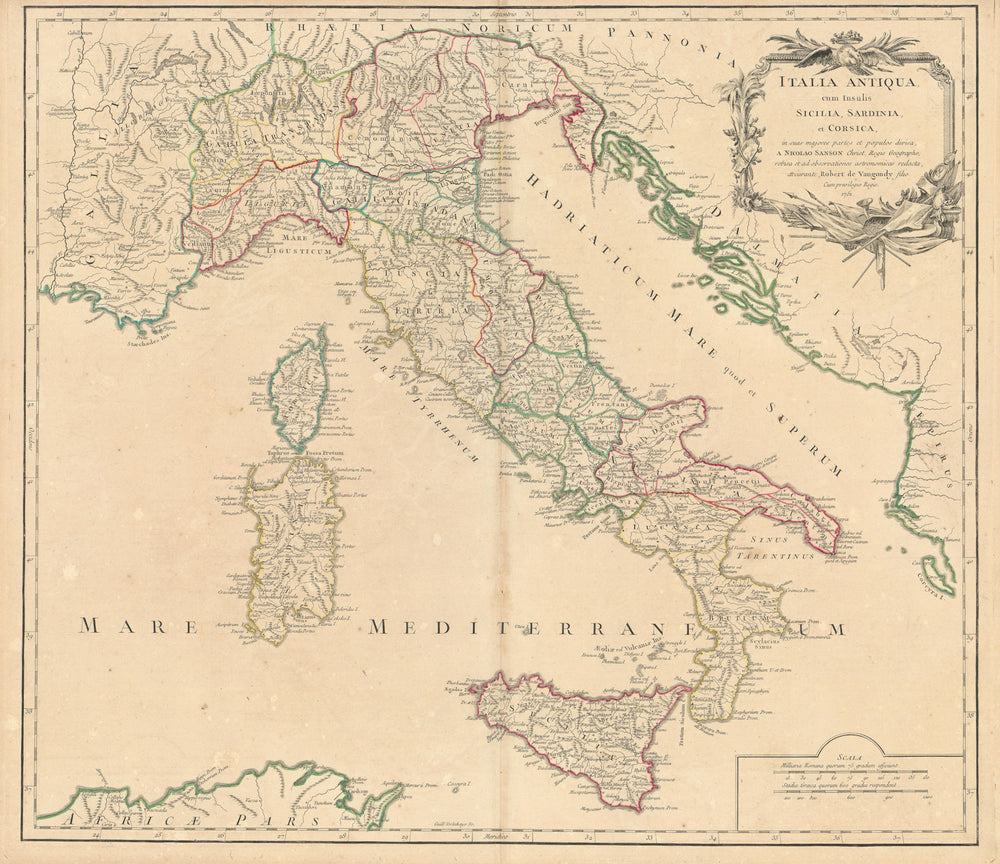 "Italia Antiqua, cum Insulis Sicilia…". Ancient Roman Italy. VAUGONDY 1751 map